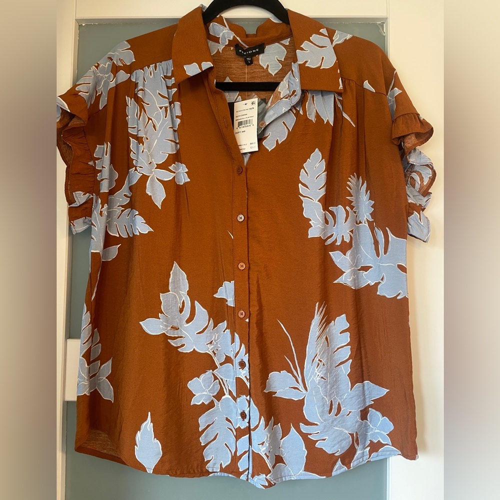 Pleione Orange and Blue Hawaiian Print Top